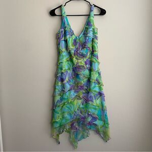 Tadashi Shoji Y2K Floral Tiered Ruffle Silk Watercolor Sleeveless Dress